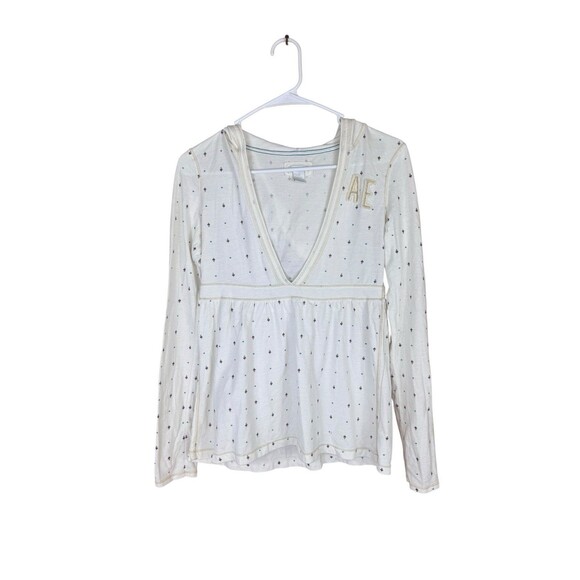 American Eagle Y2K Hooded V Cut Baby Doll Top Long Sleeve White Size Small - Picture 1 of 7